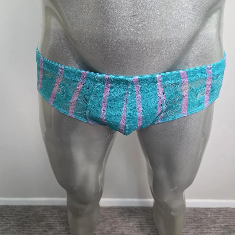 Cosabella Mens Never‎ Say Never Curvy Lace Brief Turquoise Lilac Striped Sheer M
